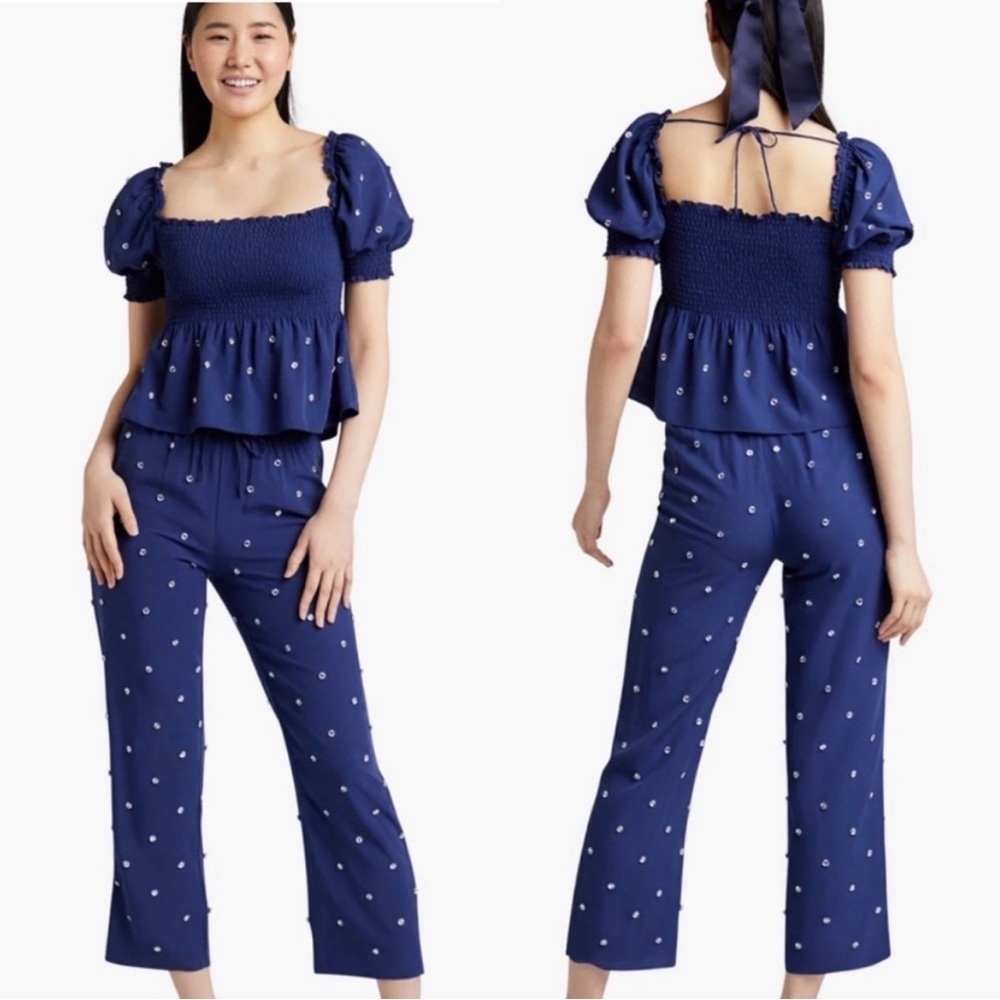 Hill House Home Jewel Jammie Smocked Set Top/Bottom Navy Blue Size Large- NWT